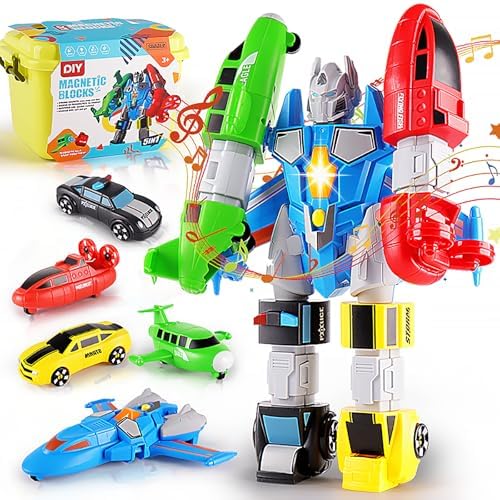 SOMMER 5-in-1 Magnetic Vehicles Toy Playset, Mix and Match STEM Stacking Assembling Car Kit with Storage Box, Transform into Robot, Birthday Gift for Toddler Kids 3 4 5 6 7 Year Old Boys Girls by QUERCITRON
