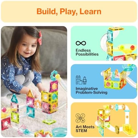 PicassoTiles 60 pc Magnet Tiles Building Block Travel Size Magnetic Marble Run Construction Toy Set Mini Diamond Marble RaceTrack Building Blocks Playset Education STEM Learning Kit Boy Girl 3+ PTMG60 - Image 4