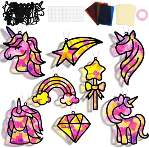 QOUBAI 32 Sets Unicorn Rainbow Suncatchers Craft Kit DIY Window Stained Glass Effect Diamond Star bow Paper Crafts Home School Classroom Decoration Kid Birthday Gift Creative Art Project Activity Game by QOUBAI