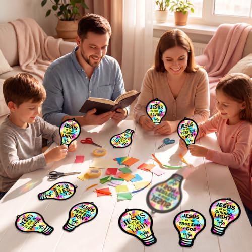 48PCS Sunday School VBS Crafts Bulk: Paper Lightbulb Cross Nativity Suncatchers, Religious Christian Activity DIY Kits Church Decorations, Window Stained Glass Effect Art Supplies(Jesus Style) - Image 6