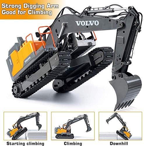 Double E Volvo 1:16 Scale Remote Control Excavator, 17 Channel 3-in-1 Construction Toy with Metal Shovel, Drill, Grab & Lights, 2.4GHz Full Function Digger for Outdoor Sandbox, Gift for Kids & Adults - Image 4