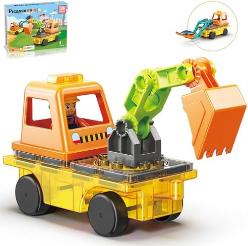 PicassoTiles Magnet Tiles Building Block 2-in-1 Excavator & Backhoe Brick Compatible Construction Playset with Car Base Magnetic Character Action Figure STEM Educational Learning Toy Kit Age 3+ PTU04 by PicassoTiles