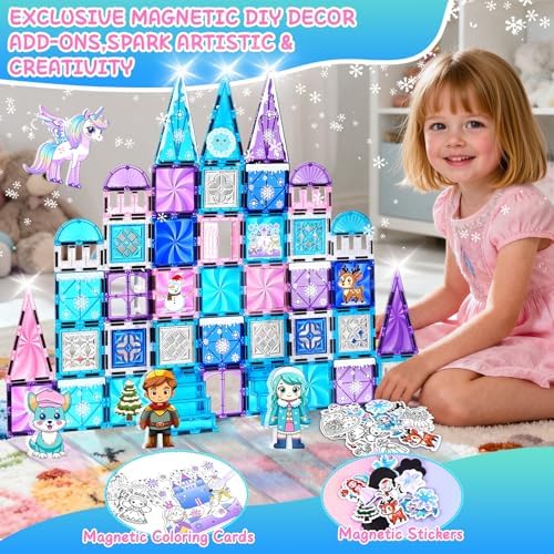 Princess Castle Magnetic Tiles 112PCS with 4 Dolls 2 Stairs &DIY Decors Kit - Image 3