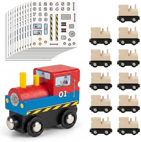 12 Pcs Unpainted Wooden Train And Stickers - Craft Kit – Magnetic Engines with 12 Sticker Sheets – Compatible with All Major Wooden Railway Brands – Art Project for Kids & Birthday Party Favors by ZanyTrains