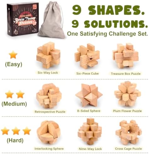 VolksRose 9pcs Wooden Brain Teaser Puzzles, IQ Challenge Puzzle Games, Logic Mind Puzzle Box Lock Toy Disentanglement 3D Small Brain Puzzle Gift Set for Adults Teenagers Kids, 1.8inch 4.5cm - Image 2