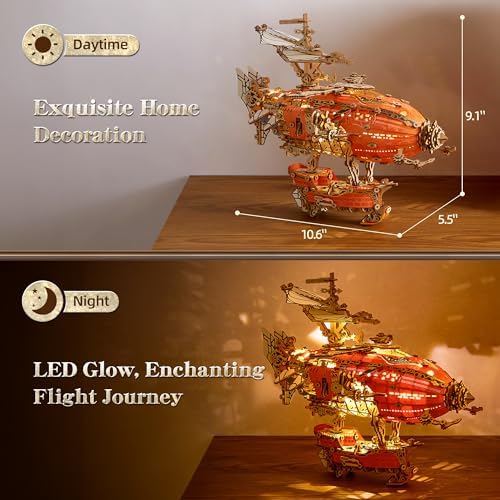 FUNPOLA LED 3D Wood Puzzle Fantasy Airship Model - Steampunk DIY Craft Kit with LED Lights – Intricate Wooden Airship Model Building Set for Adults(Orange) - Image 5
