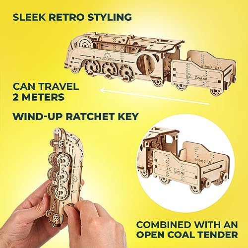 UGEARS Mini Locomotive 3D Wooden Puzzles for Adults - Wood Models for Adults to Build - Easy DIY Crafts for Adult Wooden Train Model Kit - Rubber Band-Powered Mechanical Puzzles - Image 3
