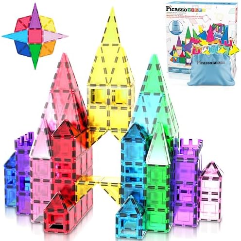 PicassoTiles Magnet Tile Building Blocks with Car Base Drawstring Storage Travel Bag Carry Case Magnetic Tiles Construction Toy STEM Learning Educational Kit Sensory Playset Preschool Kids 3+ by PicassoTiles