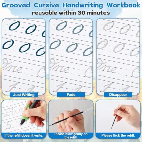 gisgfim Grooved Cursive Handwriting Workbook Magic Reusable Grooved Cursive Handwriting Practice Guided Tracing with Disappearing Ink Pens for Beginners Kids Learning Activities Supplies (Number) - Image 4