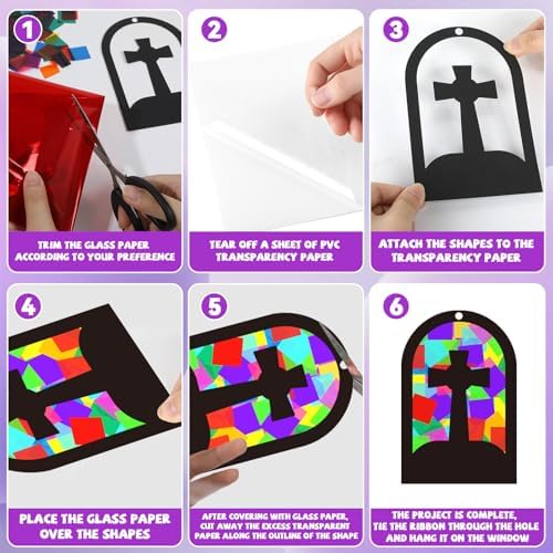 QOUBAI 32 Sets Cross Suncatchers Craft Kit DIY Religious Window Stained Glass Effect Christian VBS Paper Hanging Ornament Kid Easter Sunday School Birthday Gift Creative Art Project Activity Game - Image 3