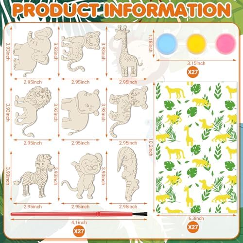 Pasimy 162 Pcs Safari Party Favors Jungle Craft Kits Party Supplies Jungle Animals Wooden Painting Kit Watercolor Cards Wooden Cutouts Goodie Bag for Wild Theme Birthday DIY Project Activities(Safari) - Image 2