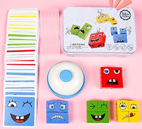Large Wooden Face Expression Puzzle Building Cubes Manipulatives Face Changing Magic Cube Puzzles Matching Game with Bell Logical Thinking Training Brain Educational Montessori STEM Toys - Image 3