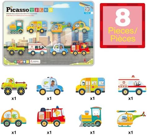 PicassoTiles 8pc Metro City Vehicle Magnet Building Block Set with Magnetized Action Figures Compatible with Magnetic Tile Kits STEAM Educational Construction Playset for Boys Girls Age 3 Plus PTA24 - Image 3