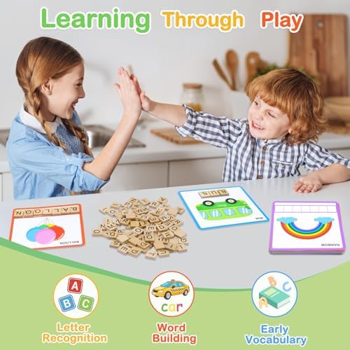 Spelling Game for Kids Ages 3-8, Word Building & Sight Word Games, Phonics Learning Toy with 100 Wooden Letter Tiles & 30 Double-Sided Flashcards, Preschool Kindergarten Early Reading Game - Image 3