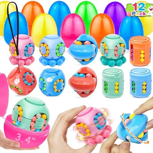 12 Pack 3.4" Jumbo Filled Easter Eggs with Toys Magic Bean Cubes, Fidget Puzzle Toy Brain Teaser Easter Basket Stuffer Egg Fillers, Stress Relief Party Favors Gifts Kid Toddler Teen Classroom Prizes by AMENON