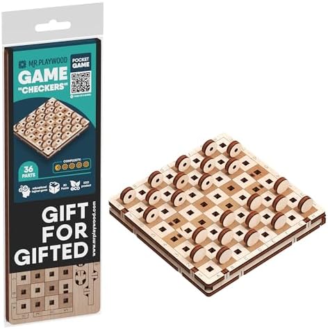 Mr. Playwood 3D Mechanical Wooden Checkers Board Game – Portable Pocket Size DIY Puzzle Kit – Travel Strategy Set for Teens & Adults by MrPlaywood