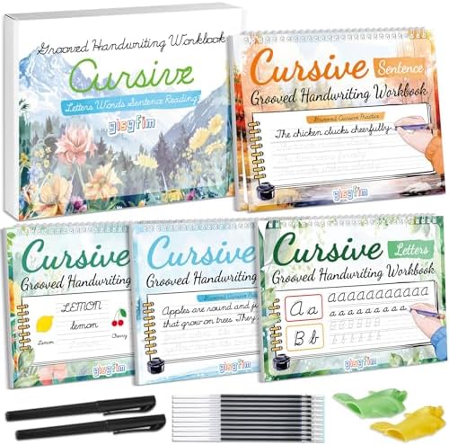 gisgfim 4 Pack Grooved Cursive Handwriting Workbook Kit Magic Reusable Grooved Handwriting Practice with Disappearing Ink Pens Cursive Kickoff Student Workbook for Kids Words Letters Sentences Reading by gisgfim