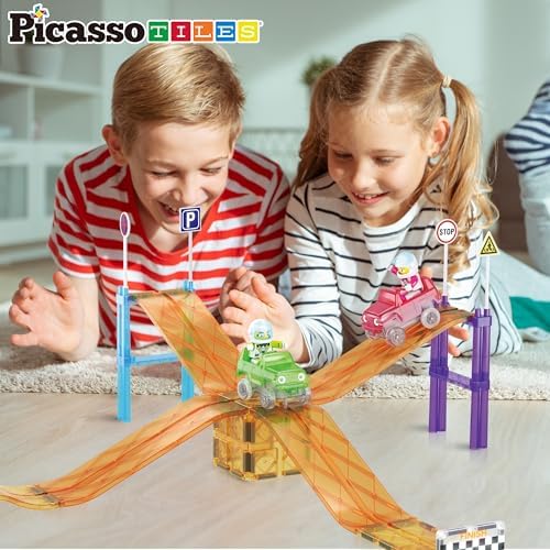 PicassoTiles Magnetic Race Track Car Slide Magnet Building Blocks Tiles Sensory Toys for Kids Toddlers Include Trucks Character Action Figures STEM Learning Kit Races School Age 3+ year Old Boys Girls - Image 4