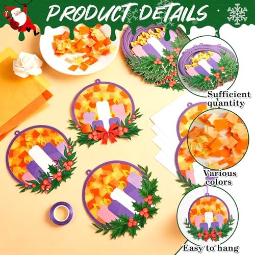 Qyeahkj 36 Set Christmas Advent Wreath Suncatchers Crafts for DIY Advent Candle Tissue Paper Craft Kit Hanging Decor for Xmas Holiday Home Activity Art Project Birthday Party Favor Gift - Image 3