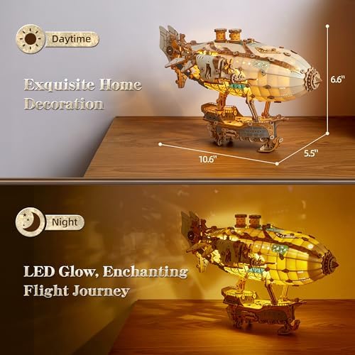 FUNPOLA LED 3D Wood Puzzle Fantasy Airship Model - Steampunk DIY Craft Kit with LED Lights – Intricate Wooden Airship Model Building Set for Adults(White) - Image 6