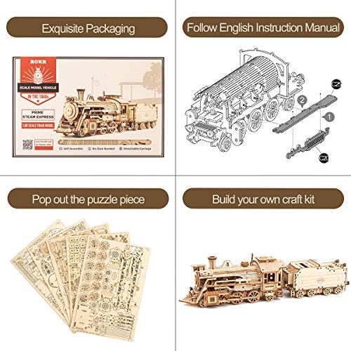 ROKR 3D Wooden Puzzle for Adults-Mechanical Train Model Kits-Brain Teaser Puzzles-Vehicle Building Kits-Unique Gift for Teens on Birthday/Christmas Day(1:80 Scale)(MC501-Prime Steam Express) - Image 4