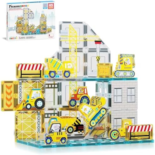 PicassoTiles Magnet Tiles Magnetic Building Blocks with 8 Construction Vehicles Crank Truck Excavator Bulldozer Road Roller Concrete Mixer Tractor Dump Truck Forklift Toys Learning Kids Ages 3+ PTQ11 by PicassoTiles