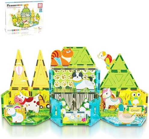 PicassoTiles Magnetic Tile Farm Animal Building Playset with 8 Character Figures STEM Construction Toy for Kids Age 3 Plus Educational Pretend Play Learning Blocks Farmyard Creative Activity Kit PTQ17 by PicassoTiles