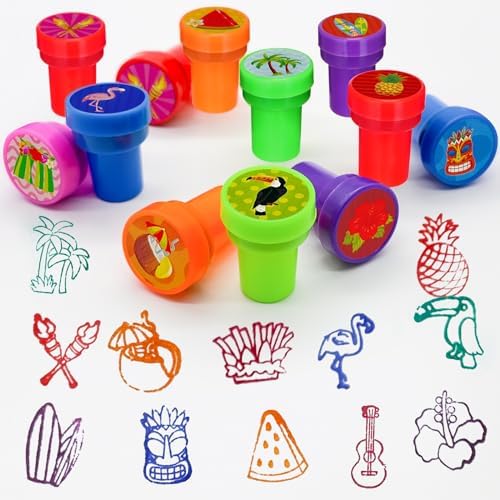 Cinrobiye 24 Pcs Hawaiian Luau Stampers for Kids, Tropical Party Favor Set, Hawaii Theme Stampers with Palm Tree Hibiscus Surf Designs, Luau Birthday Party Supplies, Classroom Rewards, Goody Bags - Image 4