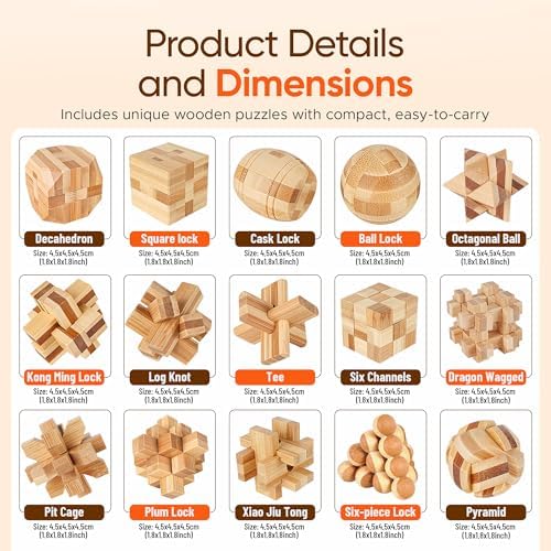 Wooden Brain Teaser Puzzles, 15pcs 3D Brain Teasers for All Ages - Image 5