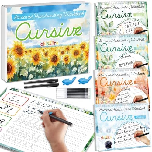 chiazllta 4 Pack Grooved Cursive Handwriting Practice Kit with Disappearing Ink Pens Magic Reusable Grooved Cursive Writing Workbooks Copybook for Beginners Kids (Words&Sentence&Reading&Letters) by chiazllta