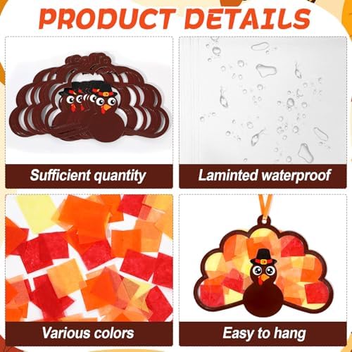 Qyeahkj 36 Set Thanksgiving Turkey Suncatchers Crafts for DIY Fall Window Tissue Paper Craft Kit Autumn Hanging Decor for Harvest Home Activity Art Project Birthday Party Favor Gift - Image 3