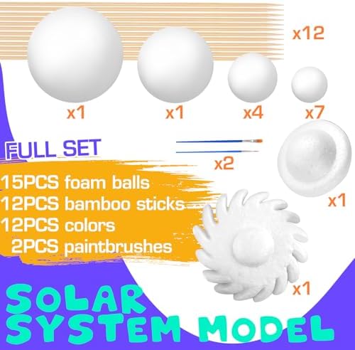 Solar System Model Foam Ball Kit, Planet Model Crafts Includes 14PCS Mixed-Sized Balls, 12 Color Pigments, 12PCS Long Sticks, 2PCS Painting Brushes for School Classroom DIY Projects, Science Projects - Image 4