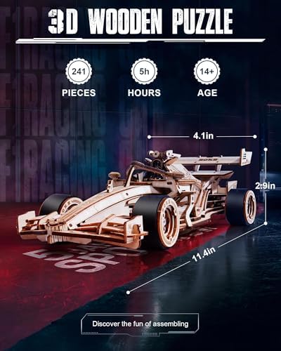 ROKR 3D Wooden Puzzle 1:18 Scale Formula Racing Cars, Wind up Toys Model Car Kits for Adults to Build, Ideal Hobby Gift for Boys and Men Desk Decor Display - Image 4