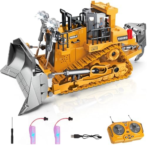 Remote Controlled Bulldozer, 9-Channel Metal RC Construction Vehicle Toy with Lights, Sound, and Rechargeable Battery, Remote Controlled Bulldozer Toy Gift for Kids Boys Girls Aged 4-12 (2.4 GHz) by KIZJORYA