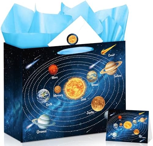 Solar System Gift Bag Outer Space Birthday All-in-One Kit with Greeting Card Sticker Envelope & Blue Tissue Paper for Astronomy Galaxy Planets Theme Gift Wrapping Educational Supplies Classroom Gifts by Unknown