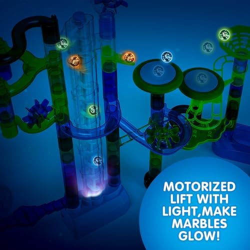 152pcs Glowing Marble Run Kit with Double Tracks Motorized Spiral Lift,2 Stunt Trampolines,30 Glow in The Dark Plastic Marbles & More. Building Project Toys, STEM Gifts for Boys&Girls. - Image 3
