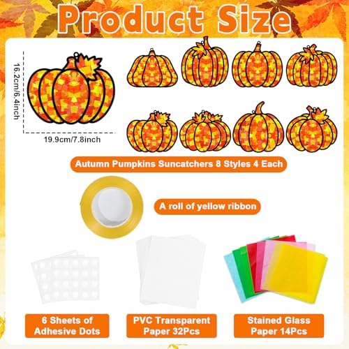 32 Sets Pumpkin Suncatchers Craft Kit DIY Window Stained Glass Effect Fall Pumpkin Paper Crafts Home School Classroom Autumn Thanksgiving Decor Kid Birthday Gift Creative Art Project Activity Game - Image 2