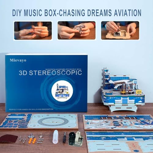 3D Wooden Puzzles Airport Model DIY Rotating Music Box Kit for Teen Boys and Girls-Birthday Gifts and Toys for Kids（Airport Model Music Box） - Image 4
