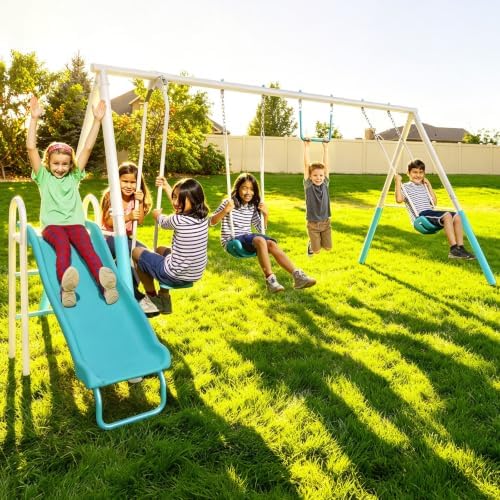 Sportspower Arcadia Metal Swing Set with Trapeze, 2-Person Glider, 5ft Slide, Anchor Kit, 6.1ft Durable Steel Frame – Outdoor Backyard Playset with 600 lbs Capacity (Teal) by Sportspower