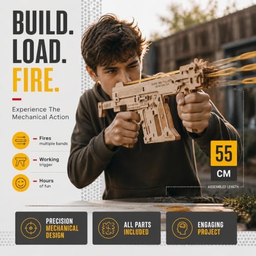 3D Wooden Puzzle Rubber Band Machine Gun Toy DIY Craft Kit, Wood Model Kit for Adults & Kids to Build, Brain Teaser Wooden Jigsaw Puzzles Mechanical Gift (Machine Gun) - Image 2