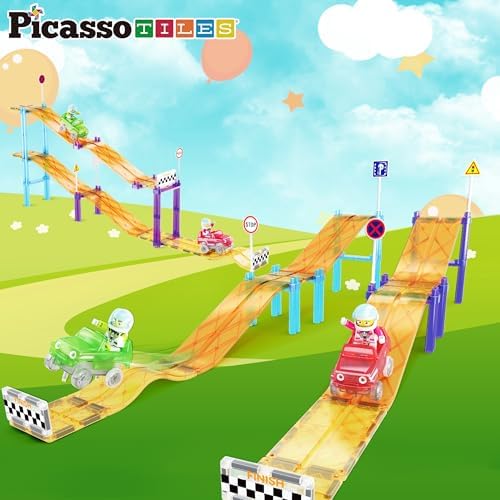 PicassoTiles Magnetic Race Track Car Slide Magnet Building Blocks Tiles Sensory Toys for Kids Toddlers Include Trucks Character Action Figures STEM Learning Kit Races School Age 3+ year Old Boys Girls - Image 6