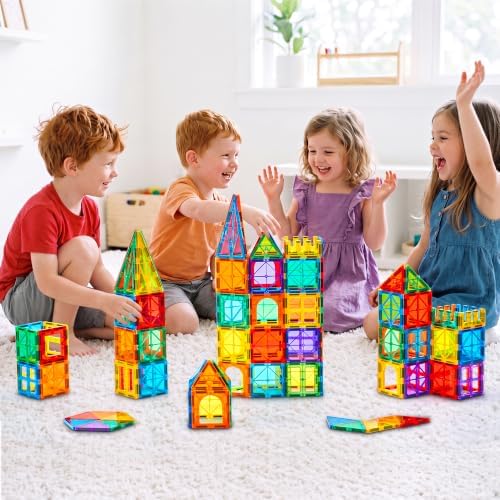Gemmicc 100 PCS Magnetic Tiles with 2 Cars, Magnet Stacking Blocks Kids - Image 4