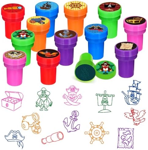 Cinrobiye 24 Pcs Pirate Stampers Party Favor Set, Cute Pirate Adventure Stamps for Kids Birthday Party, Classroom Rewards, Carnival Prizes, Goody Bag Fillers, Pirate Themed Party Supplies by Cinrobiye