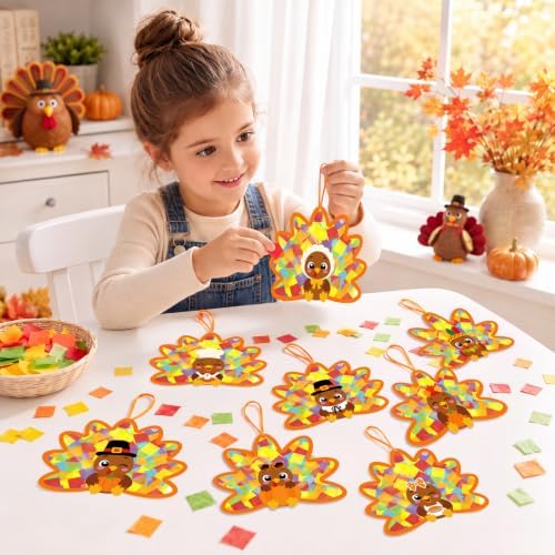 Renbuzhu 48PCS Thanksgiving Crafts Bulk: Cute Turkey Paper Suncatchers DIY Kit for Fall Activities Decorations, Window Stained Glass Effect Art Supplies - Image 2