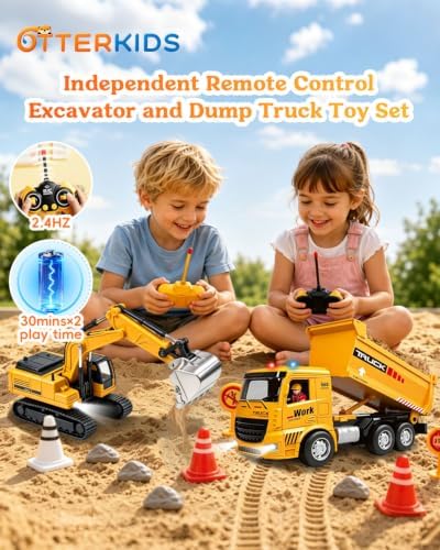 Remote Control Excavator and Dump Truck Toy Set for Kids - Image 2