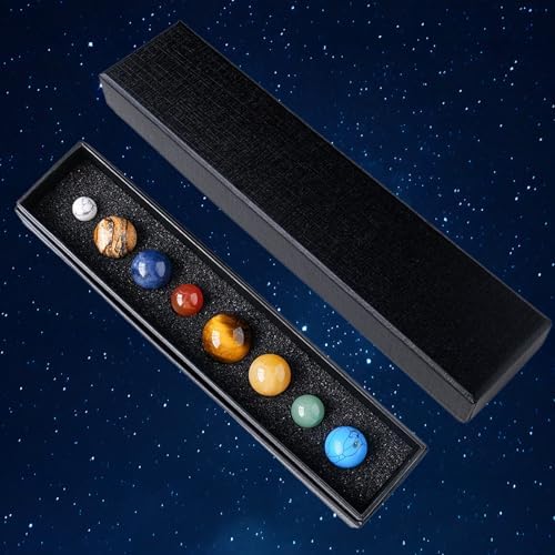 Runyangshi Eight Planets Crystal Sphere Set - Solar System Gemstone Balls in Black Gift Box, Desk Ornament, Educational Space Theme Decoration by Runyangshi
