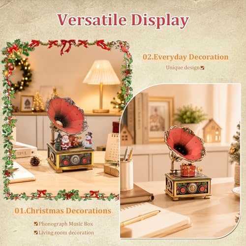 3D Puzzles for Adults Vintage Gramophone Music Box - 3D Wooden Puzzle Mechanical Model Kit - DIY Phonograph Craft Holiday Decor, Unique for Men Women - Image 2