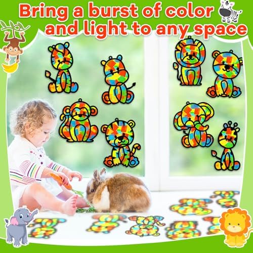 32 Sets Woodland Animal Suncatchers Craft Kit DIY Window Stained Glass Effect Forest Jungle Animals Paper Craft Home School Classroom Decoration Kid Birthday Gift Creative Art Project Activity Game - Image 5