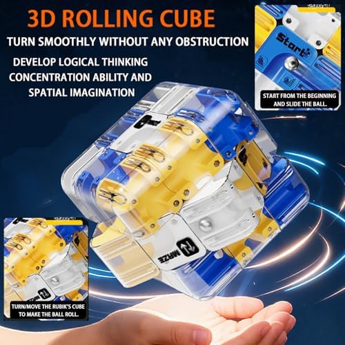 3D Rolling Ball Maze Cube, Marble Labyrinth Cube, 3D Labyrinth Puzzle Cube, Spatial Awareness Brain Training Educational Focus Game Gift for Adults Teens Kids (Yellow & Blue) - Image 2