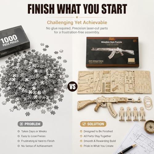 Wooden 3D Puzzle AK47 Model Building Kit – DIY Rubber Band Gun Assembly Set for Adults, Mechanical Model Kit for Hobbyists, Craft Gift for Men Dad Husband - Image 7